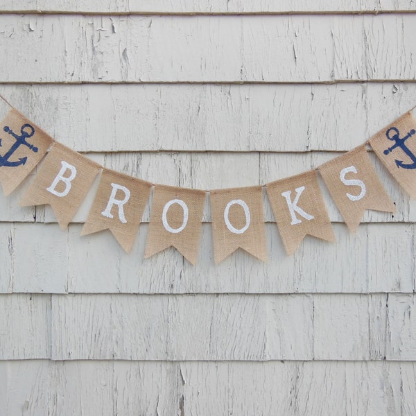 Nautical Nursery Decorations, Custom Personalized Name Banner, Nautical Burlap Banner, Anchor Baby Shower, Nautical Birthday Decorations