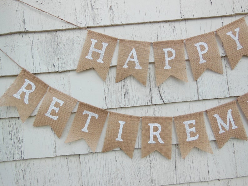 Retirement Party Decor, Retirement Banner, Retirement Burlap Bunting, Happy Retirement Garland, Custom Retirement Sign, Office Work Party image 2