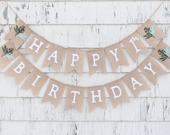 Greenery First Birthday, Greenery Party Decorations, Custom First Birthday Banner, Happy Birthday Burlap Banner, Personalized Birthday