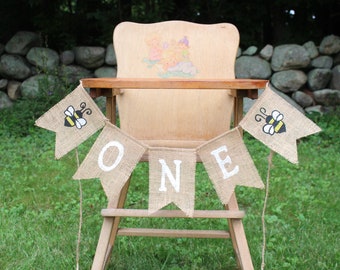 Bumble Bee One Banner, One High Chair Banner, Fun to Bee One Birthday, Happy Bee Day, Bee First 1st Birthday, One Burlap Banner