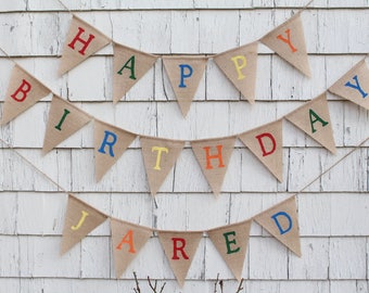 Personalized Happy Birthday Banner, Custom Happy Birthday Burlap Banner, Rainbow Birthday Decorations, Birthday Banner with Name