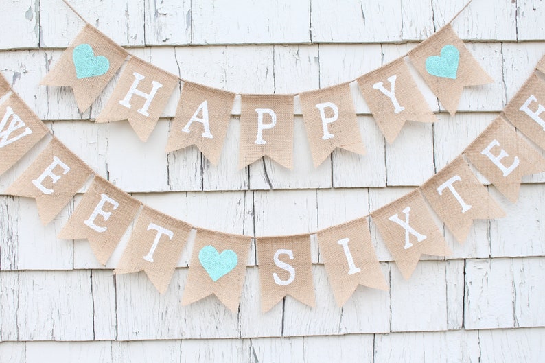 Happy Sweet Sixteen Banner, Sweet Sixteen Birthday Decorations, Aqua Birthday Party Decor, Custom Sweet 16 Banner, Sweet 16 Burlap Banner image 3