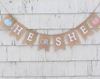 He or She Pumpkin Banner, Fall Thanksgiving Gender Reveal Ideas
