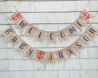 Nautical Baby Shower Banner, Welcome Baby Banner, Personalized Baby Banner, Custom Name Burlap Banner, Nautical Baby Shower Decorations