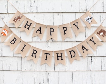 Woodland 1st First Birthday Decorations, Happy Birthday Burlap Banner, Woodland Birthday Banner, Custom Happy Birthday Banner Personalized