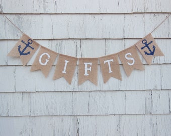 Gifts Burlap banner, Nautical Burlap Banner, Nautical Bridal Shower Decorations, Nautical Baby Shower, Gifts Bunting, Anchor Banner