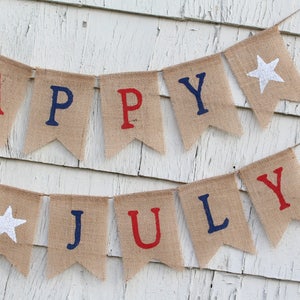 4th of July Banner, Fourth of July Garland, Patriotic Banner, Patriotic Decorations, Burlap Bunting Garland, Happy 4th of July Burlap Banner image 3