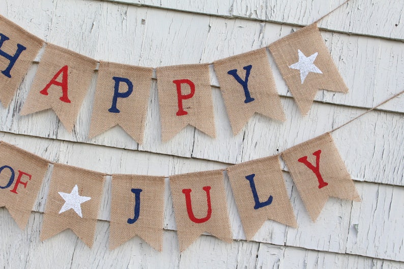 4th of July Banner, Fourth of July Garland, Patriotic Banner, Patriotic Decorations, Burlap Bunting Garland, Happy 4th of July Burlap Banner image 3