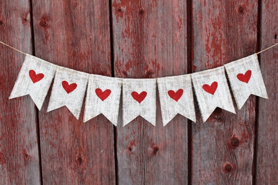 Heart Banner, Valentines Day Decor, Valentines Banner, Heart Garland, Heart Bunting, Valentines Garland, Rustic Burlap Valentines