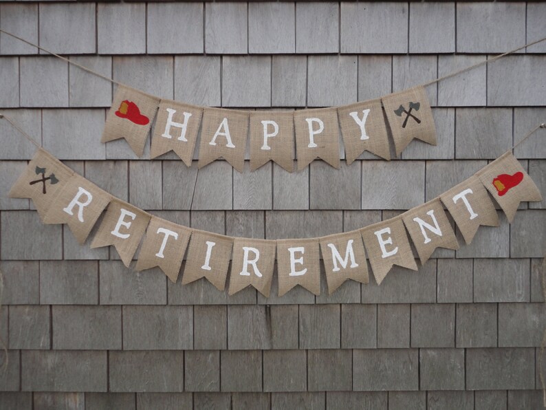 Retirement Party Decor, Retirement Banner, Retirement Burlap Bunting, Happy Retirement Garland, Custom Retirement Sign, Office Work Party image 3