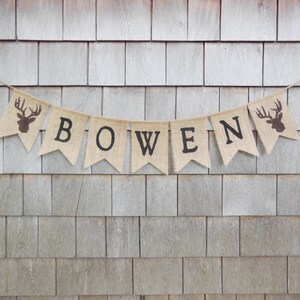 Custom Personalized Name Banner, Woodland Nursery Decor, Stag Deer Antlers, Custom Burlap Banner, Woodland Baby Shower Decor, Hunting Banner image 4