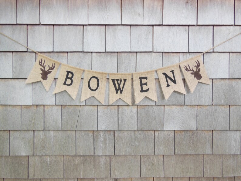 Custom Personalized Name Banner, Woodland Nursery Decor, Stag Deer Antlers, Custom Burlap Banner, Woodland Baby Shower Decor, Hunting Banner image 4