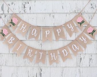 Floral Birthday Party Decorations, Flower Boho Party Decor, Custom Birthday Banner, Happy Birthday Burlap Banner, Floral Birthday Banner