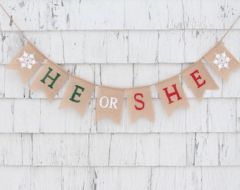 Christmas Gender Reveal, He or She Gender Reveal Banner, Gender Reveal Decor, Gender Reveal Ideas, Christmas Baby Shower, Boy Or Girl Banner