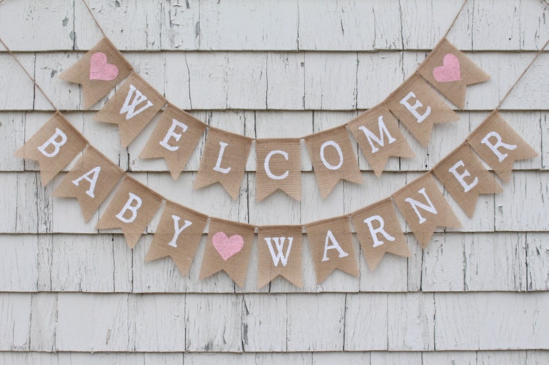 Welcome Baby Burlap Banner, Custom Baby Shower Banner, Baby Shower Bunting, Rustic Baby Shower Decorations, Personalized Baby Burlap Banner image 3
