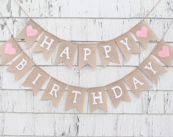 Happy Birthday Burlap Banner, Custom Birthday Decorations, Birthday Burlap Bunting, 1st First Birthday Banner, Birthday Banner with Name