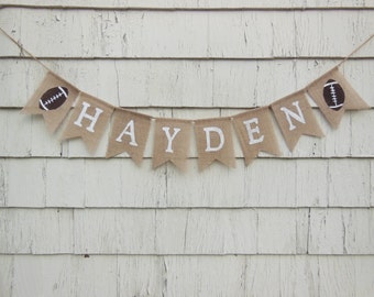 Custom Personalized Name Banner, Football Nursery Decor, Baby Boy, Burlap Garland Bunting, Football Birthday, Football Baby Shower Decor