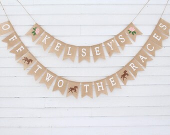 Off Two the Races, Kentucky Derby Theme Birthday Party, Horse Second 2nd Birthday Decorations, Run for the Roses, Two Burlap Banner