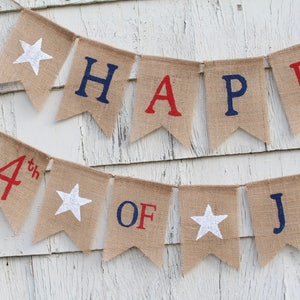 4th of July Banner, Fourth of July Garland, Patriotic Banner, Patriotic Decorations, Burlap Bunting Garland, Happy 4th of July Burlap Banner image 2