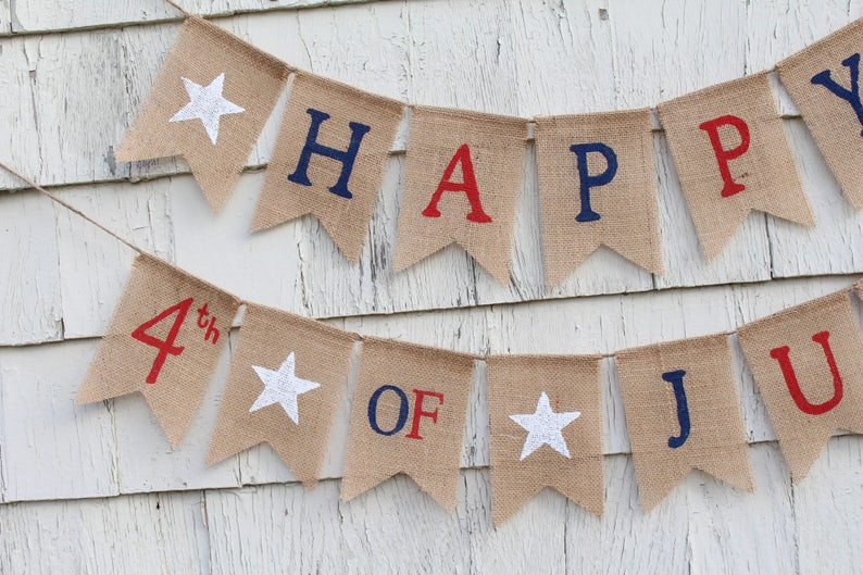 4th of July Banner, Fourth of July Garland, Patriotic Banner, Patriotic Decorations, Burlap Bunting Garland, Happy 4th of July Burlap Banner image 2