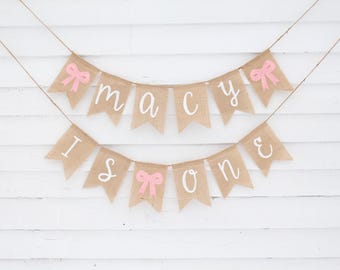 Pink Bow Birthday, Custom Birthday Burlap Banner, Coquette First 1st Birthday Decor, I am One Banner, Girly Pink Bow Theme Party Decorations