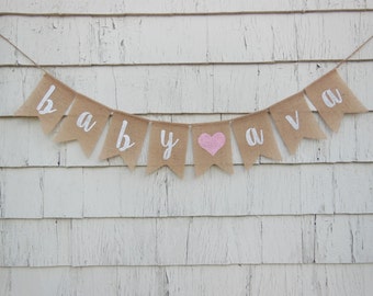 Custom Baby Banner, Personalized Name Banner, Baby Bunting, Baby Shower Decor, Pregnancy Announcment Photo Prop, Burlap Banner, Baby Girl