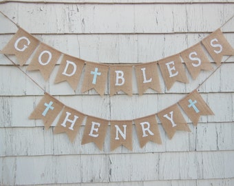 Boy Baptism Banner, First Communion Banner, Baptism Bunting, God Bless Banner, First Communion Decoration, Baptism Decor, Christening Banner