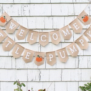 May include: A burlap banner with the words "Welcome Little Pumpkin" in white letters. The banner is decorated with small orange pumpkins.