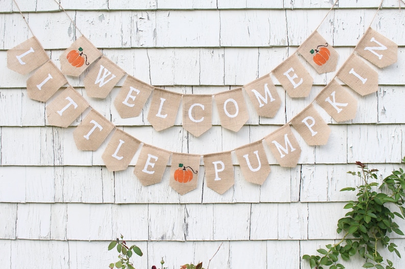 May include: A burlap banner with the words "Welcome Little Pumpkin" in white letters. The banner is decorated with small orange pumpkins.