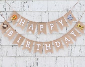 Safari Birthday Party Decorations, Custom Birthday Burlap Banner, Happy Birthday Banner With Name, Lion Monkey Elephant 1st First Birthday