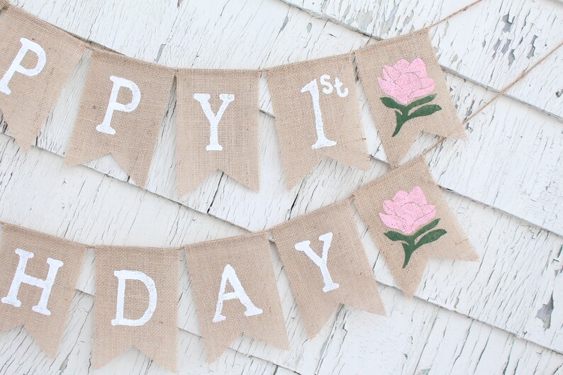 Floral First Birthday Banner Custom First Birthday Banner Happy Birthday Burlap Banner Flower Party Decor Floral Boho Party Decorations