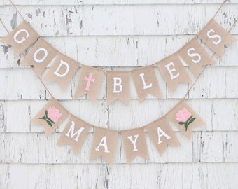 Floral Baptism Decorations, Custom Baptism Banner, God Bless Burlap Banner, First Communion Decorations, Floral Flower Communion Banner