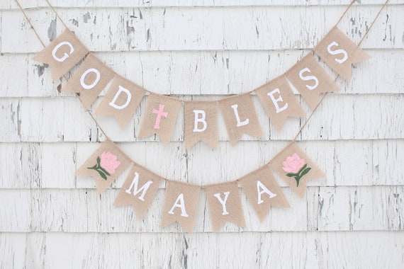 Floral Baptism Decorations, Custom Baptism Banner, God Bless Burlap Banner, First Communion Decorations, Floral Flower Communion Banner