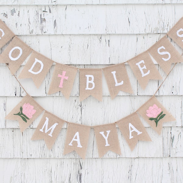 Floral Baptism Decorations, Custom Baptism Banner, God Bless Burlap Banner, First Communion Decorations, Floral Flower Communion Banner