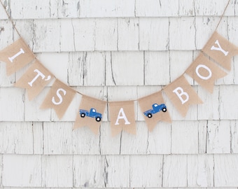 Blue Truck Baby Shower, Vintage Truck Shower Decorations, Its A Boy Burlap Banner, Baby Boy Shower Decorations, Rustic Baby Shower Decor
