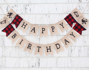 Bigfoot Birthday Decorations, Lumberjack Banner, Bigfoot Birthday Party, Lumberjack Party Decor, Sasquatch Birthday Party, Buffalo Plaid