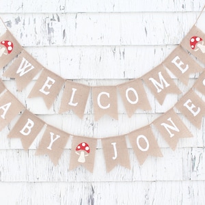 Toadstool Mushroom Baby Shower, Cottagecore Woodland Shower Decorations, Baby Shower Burlap Banner, Custom Personalized Welcome Baby Banner
