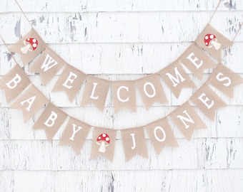 Toadstool Mushroom Baby Shower, Cottagecore Woodland Shower Decorations, Baby Shower Burlap Banner, Custom Personalized Welcome Baby Banner