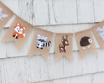 Woodland Baby Shower Decorations, Woodland Baby Banner, Fox Baby Shower, Woodland Burlap Banner, Woodland Party Supplies, Woodland Animals