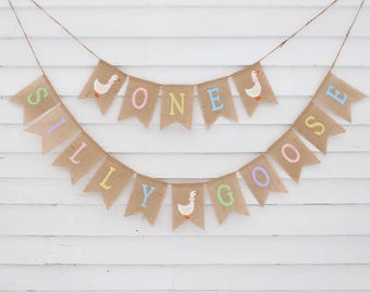 May include: A burlap banner with the words "Silly Goose" and "One" in pastel colors. The banner features a small goose illustration on each side.