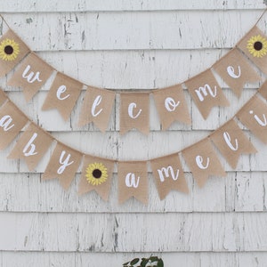 Sunflower Baby Shower Decorations, Welcome Baby Banner, Sunflower Baby Banner, Custom Baby Banner, Burlap Banner, Flower Baby Shower Decor afbeelding 1