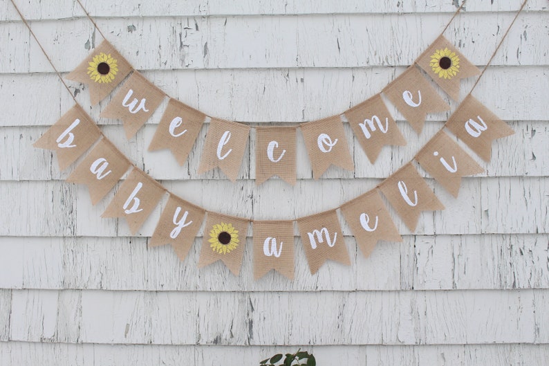 Sunflower Baby Shower Decorations, Welcome Baby Banner, Sunflower Baby Banner, Custom Baby Banner, Burlap Banner, Flower Baby Shower Decor afbeelding 1