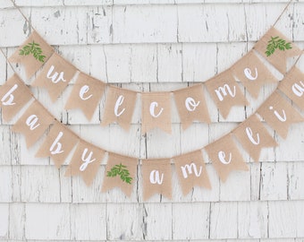 Greenery Baby Shower Banner, Greenery Shower Decorations, Baby Shower Burlap Banner, Custom Personalized Welcome Baby Banner, Script Banner