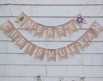 Ready to Ship, Merry Chrismukkah Banner, Hanukkah Banner Garland, Chrismukkah Decor, Chrismukkah Hanukkah Decorations, Happy Hanukkah Decor