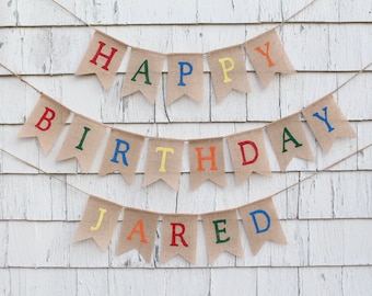 Happy Birthday Banner With Custom Name, Happy Birthday Burlap Banner, Personalized Birthday Banner, Rainbow Birthday Party Supplies