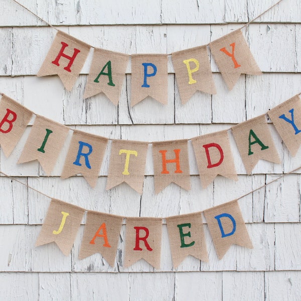 Happy Birthday Banner With Custom Name, Happy Birthday Burlap Banner, Personalized Birthday Banner, Rainbow Birthday Party Supplies