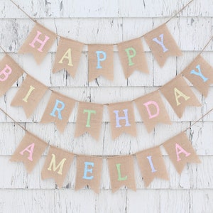 Happy Birthday Burlap Banner, Happy Birthday Pastel Colors, Custom Personalized Birthday Banner, Pastel Rainbow 1st Birthday Decorations