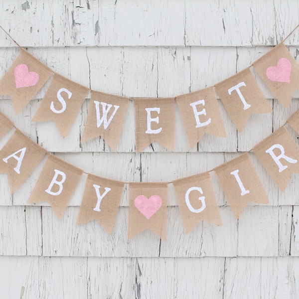 Sweet Baby Girl Banner, Baby Bunting, Baby Girl Banner, Baby Burlap Banner, Rustic Baby Shower Decorations, Shabby Chic Baby Girl Shower