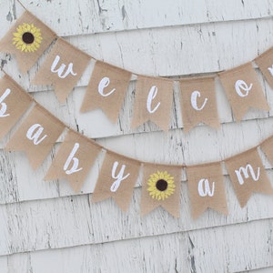 Sunflower Baby Shower Decorations, Welcome Baby Banner, Sunflower Baby Banner, Custom Baby Banner, Burlap Banner, Flower Baby Shower Decor afbeelding 2