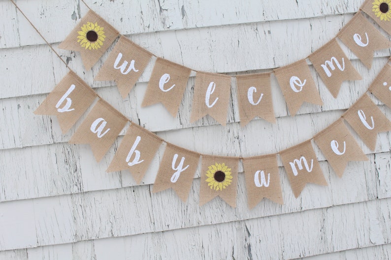 Sunflower Baby Shower Decorations, Welcome Baby Banner, Sunflower Baby Banner, Custom Baby Banner, Burlap Banner, Flower Baby Shower Decor afbeelding 2